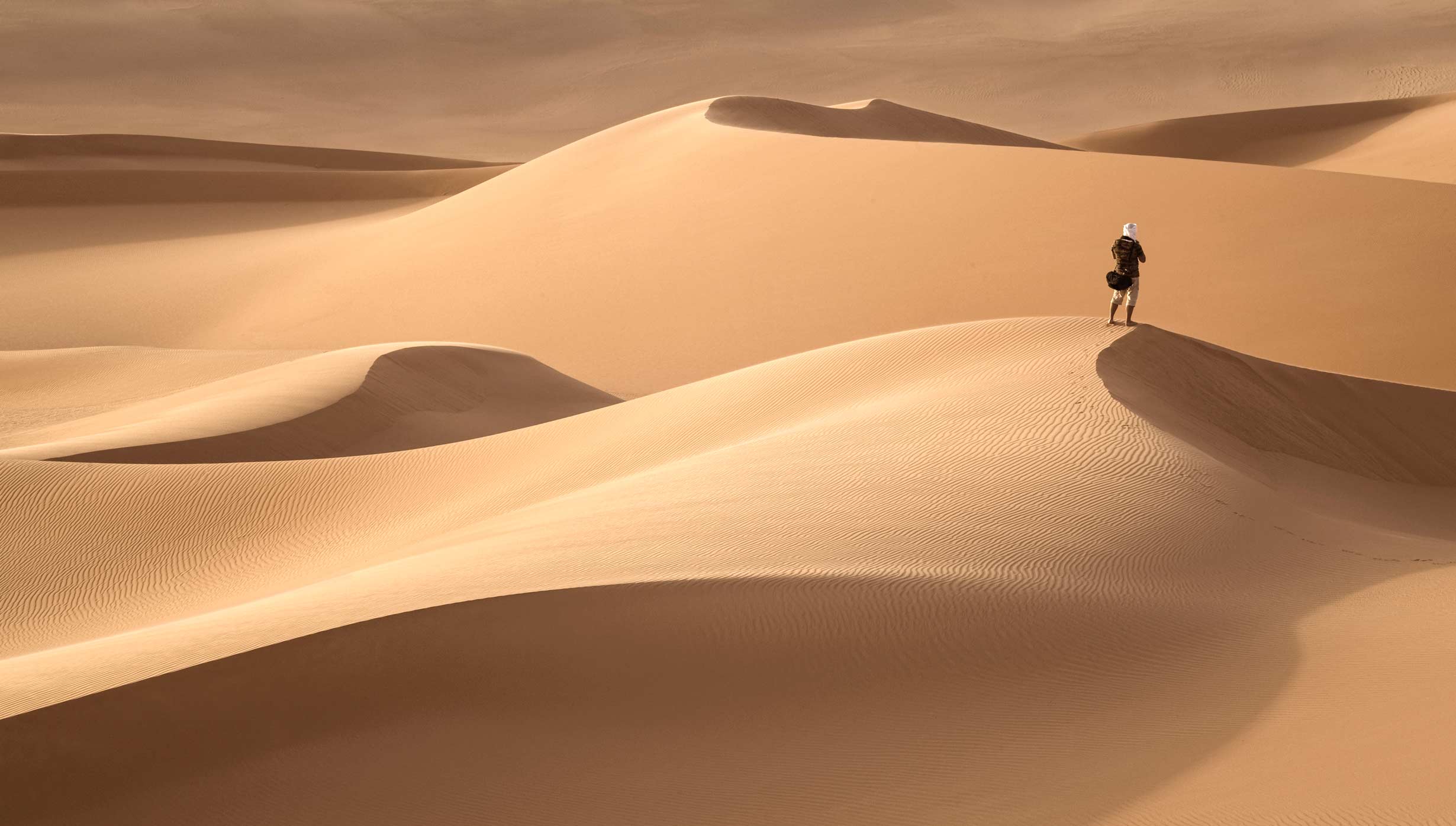 A traveler standing on golden sand dunes under a clear sky | MSC Cruises A traveler standing on golden sand dunes under a clear sky | MSC Cruises