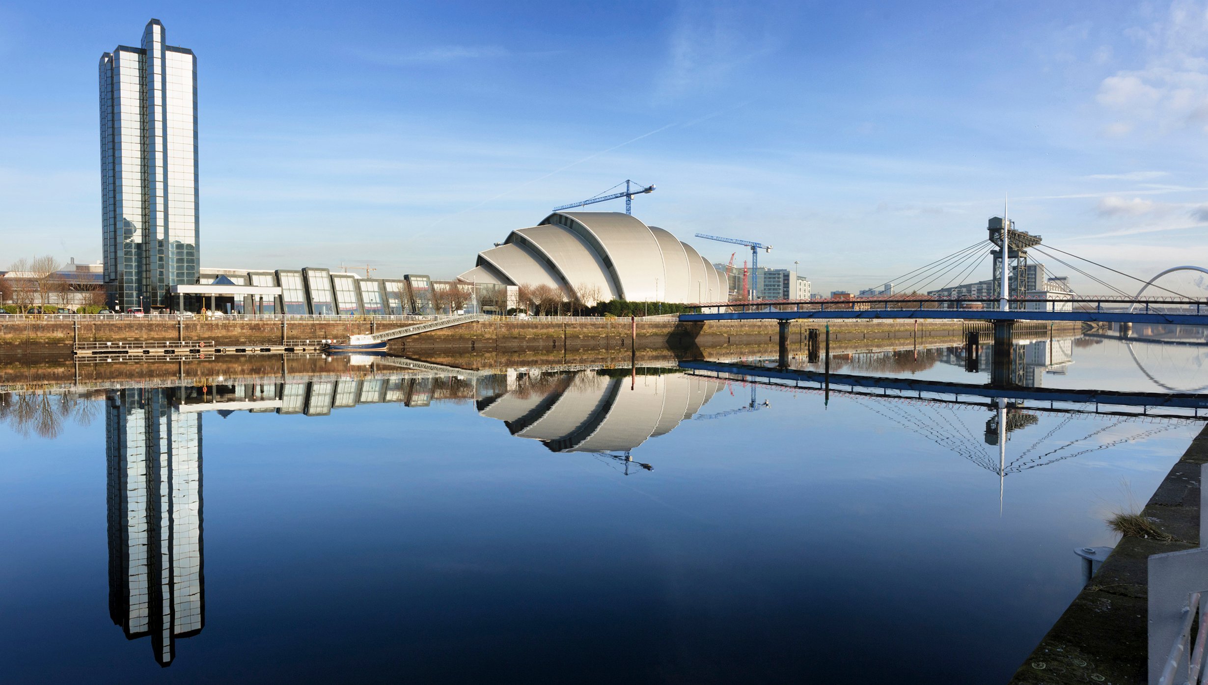 reflection, SEC Centre, River Clyde, Finnieston Crane, Greenock, UK reflection, SEC Centre, River Clyde, Finnieston Crane, Greenock, UK