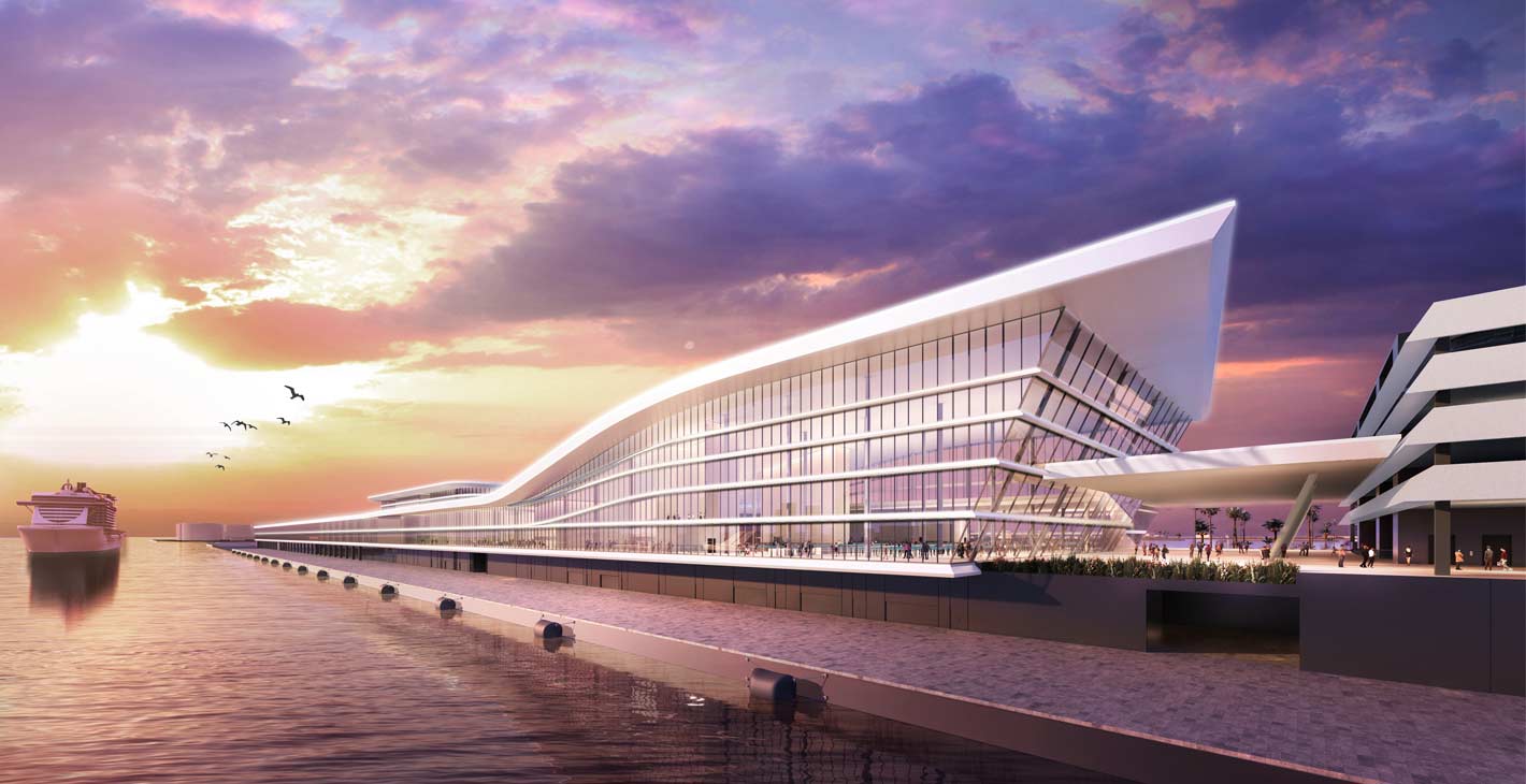 Modern cruise terminal at sunset with an MSC ship docked nearby | MSC Cruises