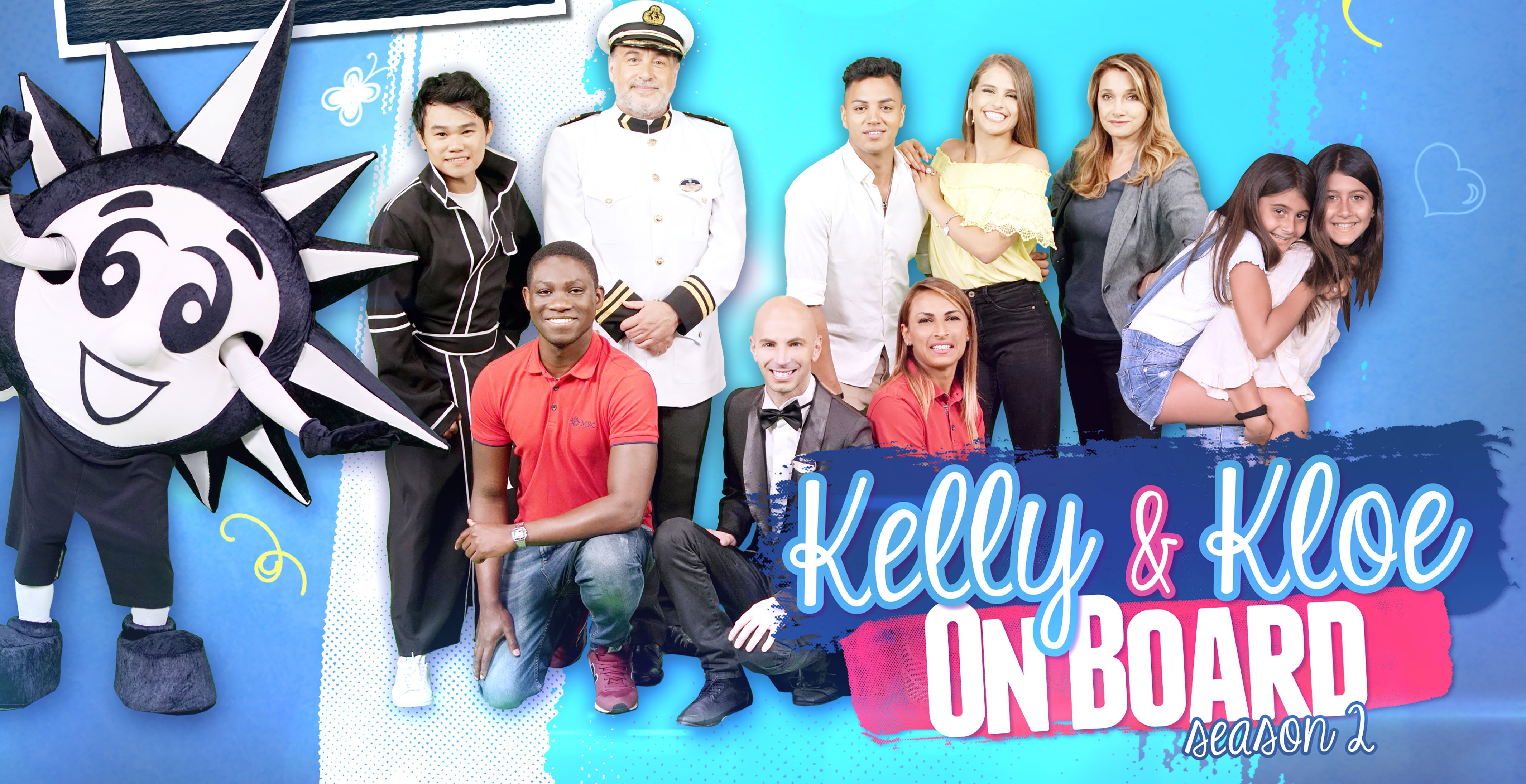 Group photo with Kelly & Kloe On Board mascot and participants in themed outfits | MSC Cruises
