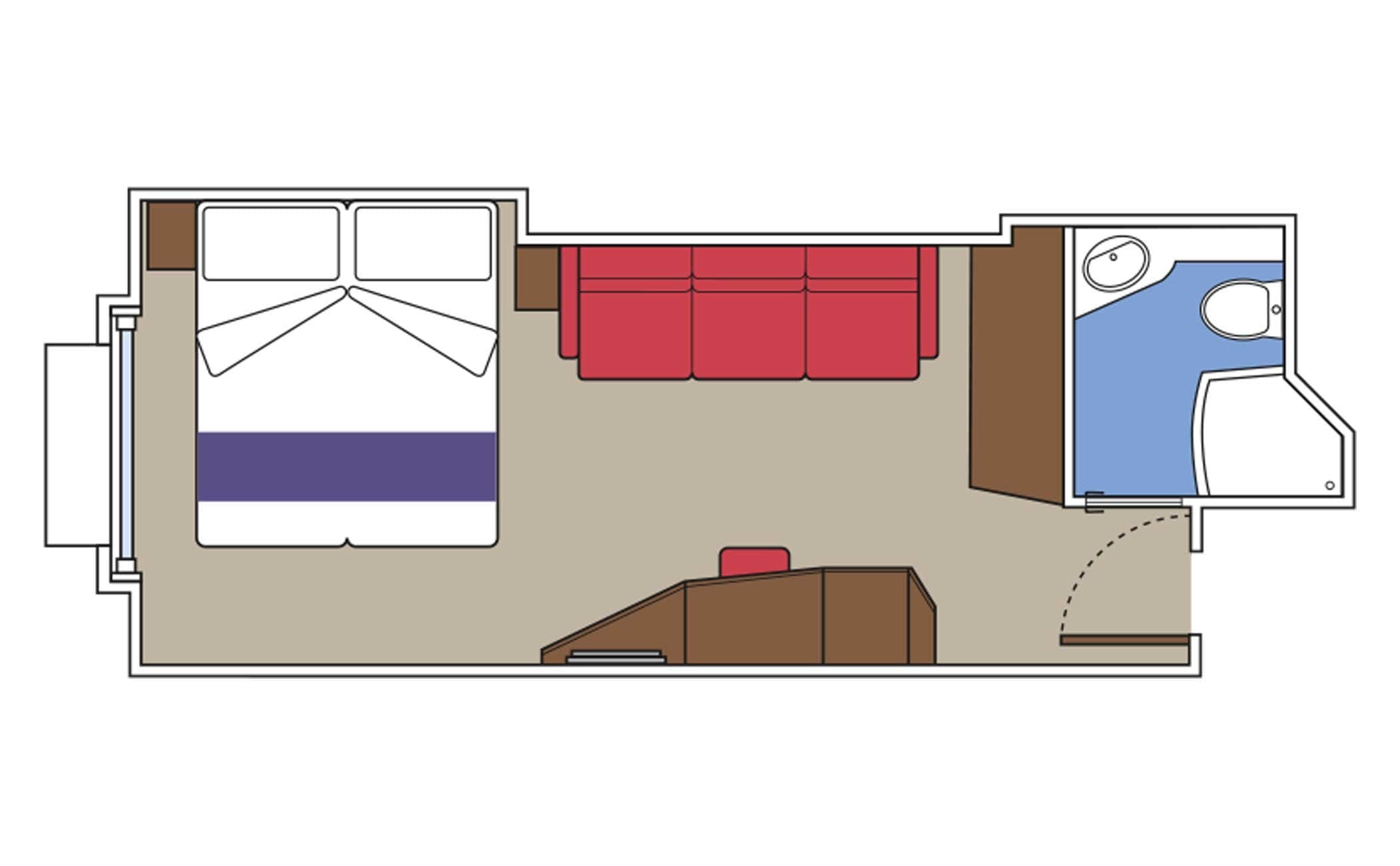 Floor plan of a cruise ship cabin with bed, sofa, and private bathroom | MSC Cruises Floor plan of a cruise ship cabin with bed, sofa, and private bathroom | MSC Cruises