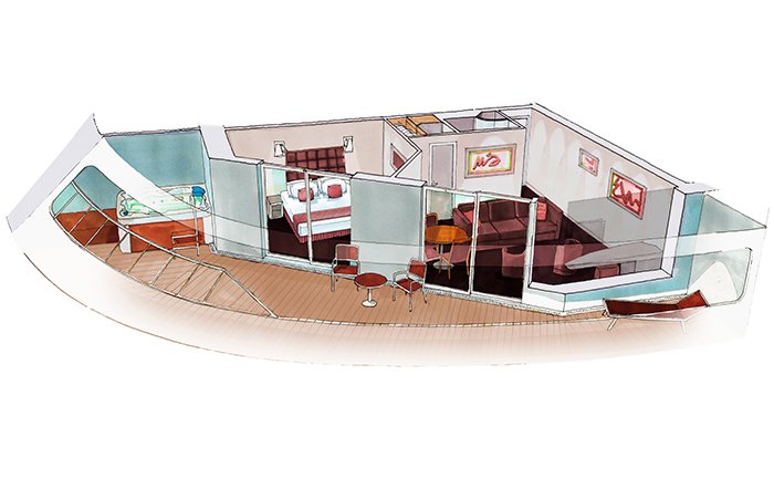 Illustration of a spacious cruise suite with bedroom, living area, and private balcony | MSC Cruises Illustration of a spacious cruise suite with bedroom, living area, and private balcony | MSC Cruises