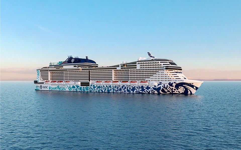 The MSC Euribia cruise ship with ocean-inspired hull art sailing on calm waters at sunset | MSC Cruises The MSC Euribia cruise ship with ocean-inspired hull art sailing on calm waters at sunset | MSC Cruises
