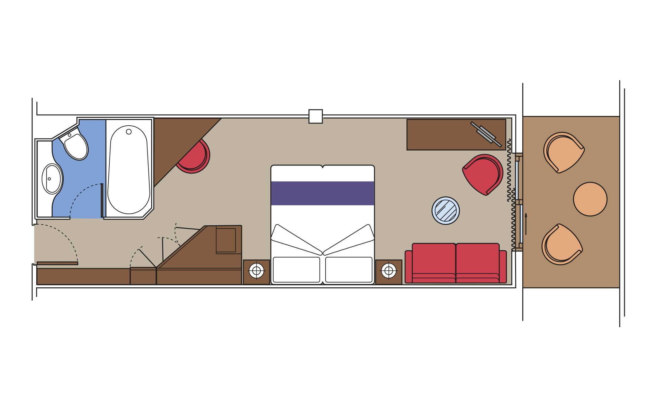 Diagram of a cruise ship cabin layout with bed, sofa, bathroom, and balcony seating | MSC Cruises Diagram of a cruise ship cabin layout with bed, sofa, bathroom, and balcony seating | MSC Cruises
