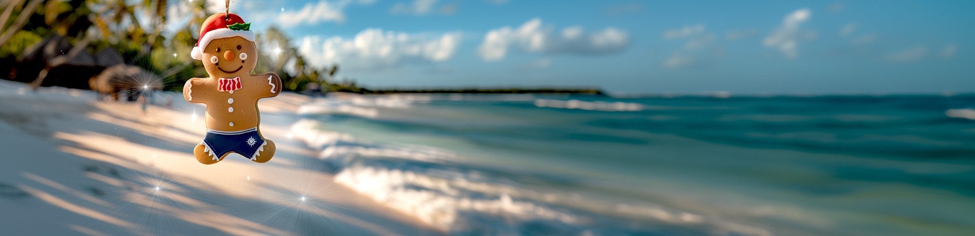 A gingerbread man in a Santa hat on a tropical beach with turquoise waters | MSC Cruises A gingerbread man in a Santa hat on a tropical beach with turquoise waters | MSC Cruises