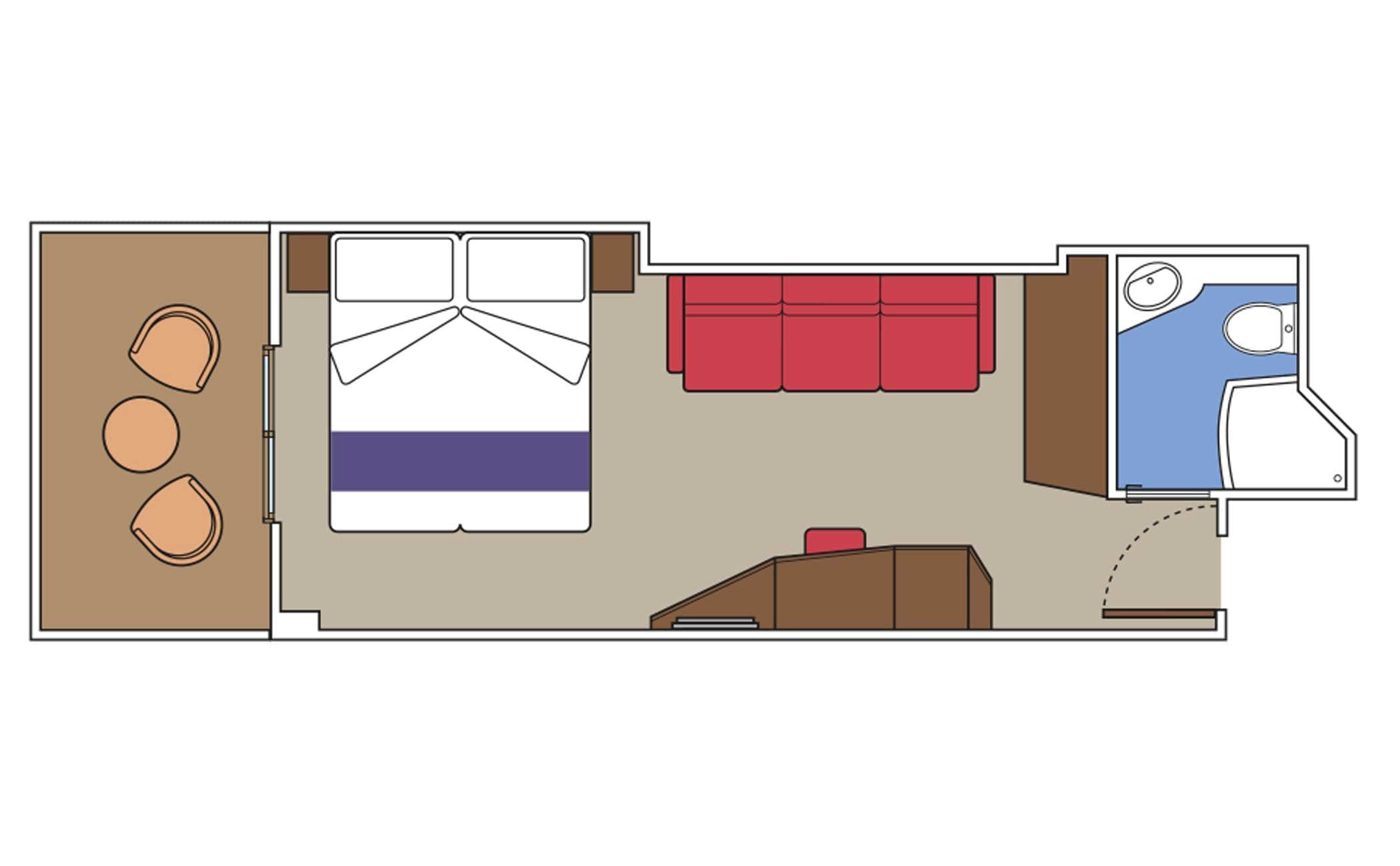 Floor plan of a cruise ship cabin with bed, sofa, bathroom, and balcony seating area | MSC Cruises Floor plan of a cruise ship cabin with bed, sofa, bathroom, and balcony seating area | MSC Cruises