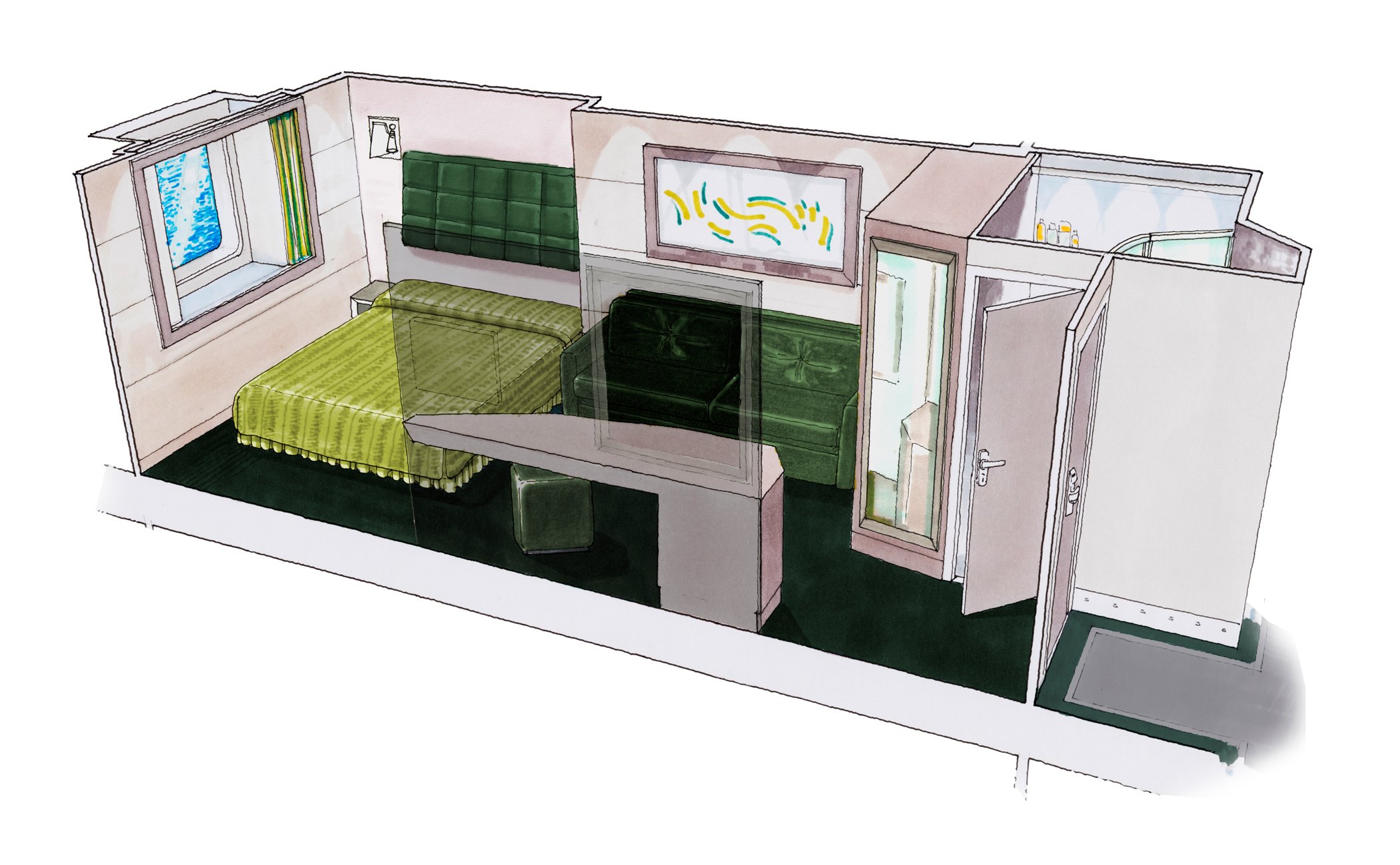 Illustration of a cruise ship cabin with a bed, window, and private bathroom | MSC Cruises