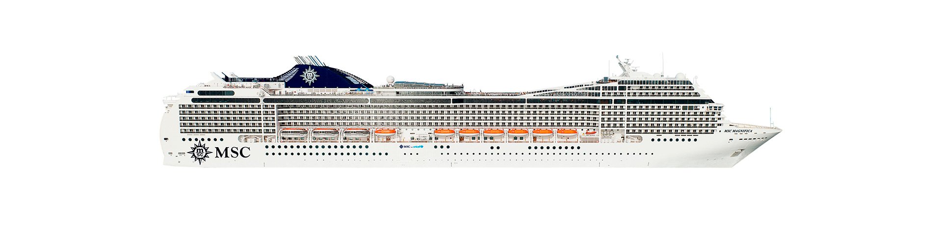 Side view of an MSC cruise ship with lifeboats and multiple decks | MSC Cruises