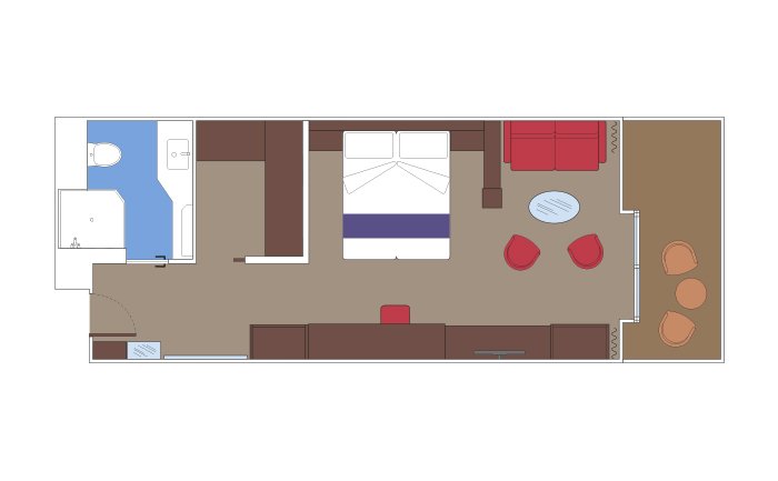 Spacious cruise cabin layout with double bed, sitting area, and private bathroom | MSC Cruises