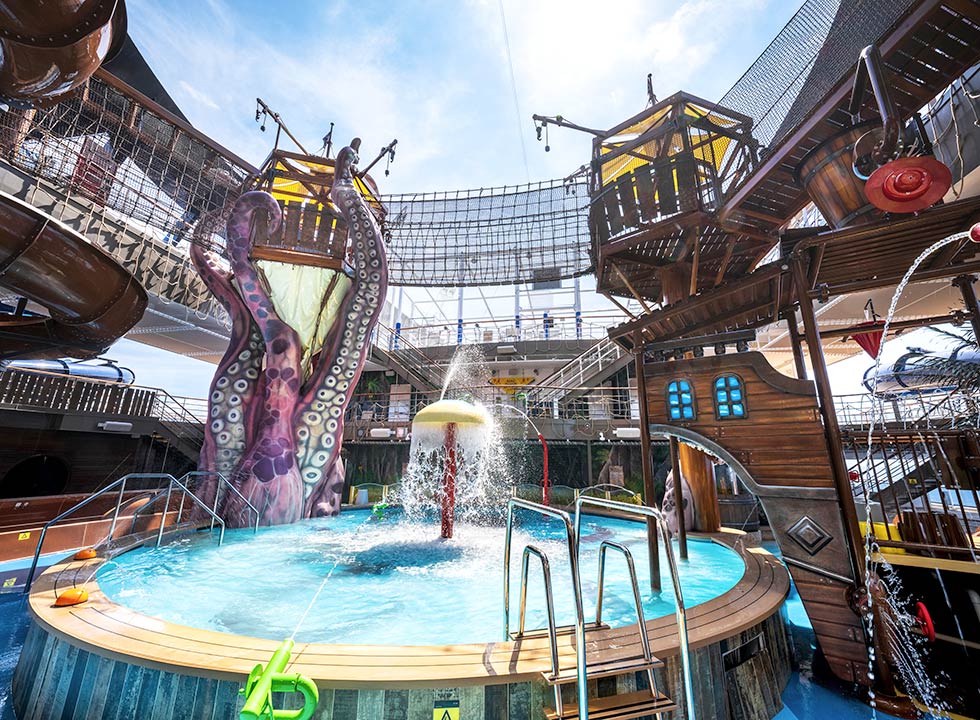 A pirate-themed water park with slides and fountains onboard an MSC cruise ship | MSC Cruises A pirate-themed water park with slides and fountains onboard an MSC cruise ship | MSC Cruises