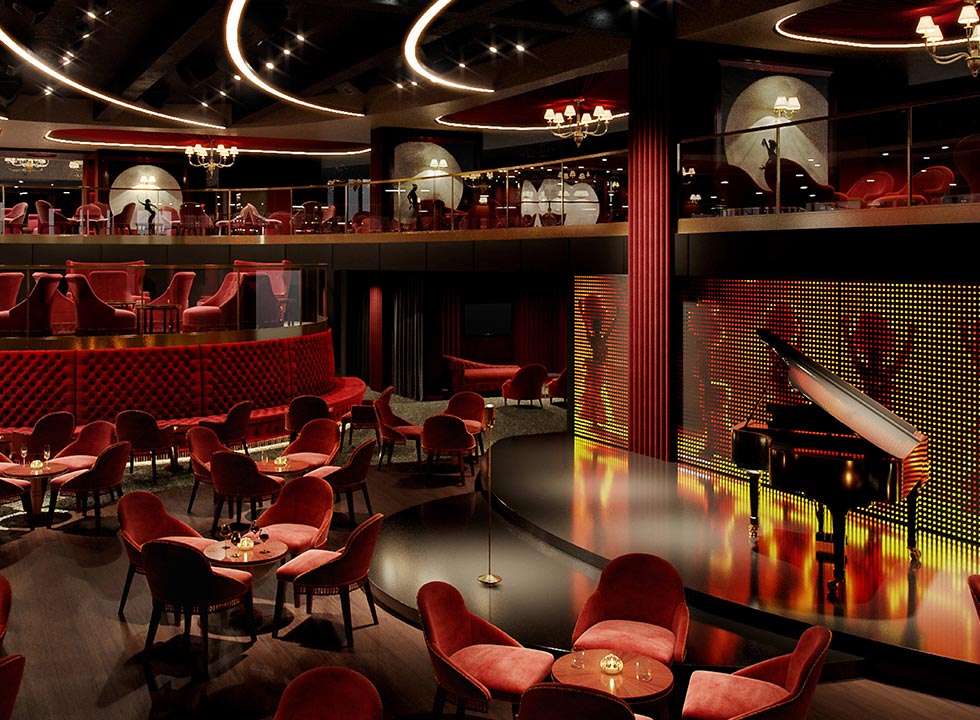 Luxurious onboard lounge with red seating, grand piano, and elegant ambiance | MSC Cruises Luxurious onboard lounge with red seating, grand piano, and elegant ambiance | MSC Cruises