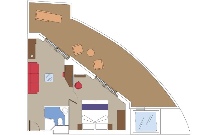 Spacious cruise suite layout with king bed, seating area, balcony, and private whirlpool | MSC Cruises Spacious cruise suite layout with king bed, seating area, balcony, and private whirlpool | MSC Cruises
